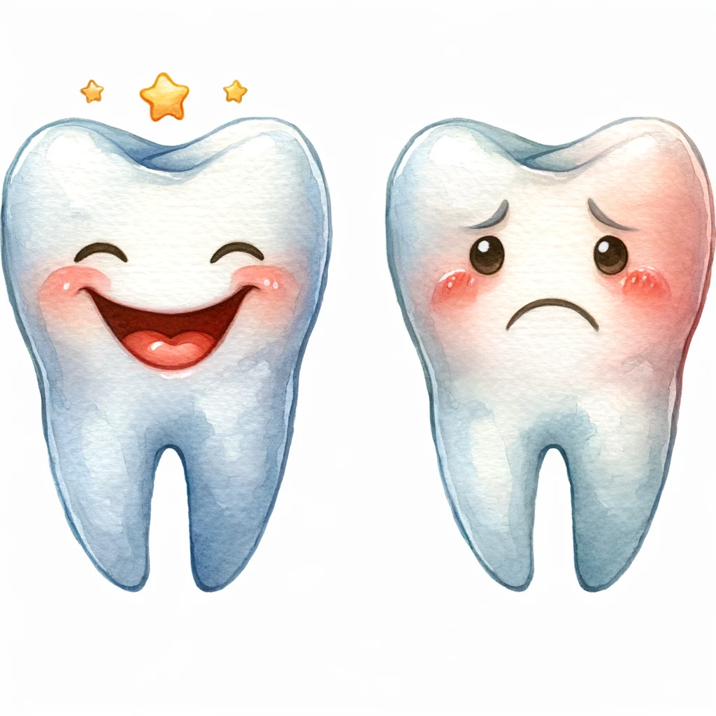 Happy and sad tooth illustration